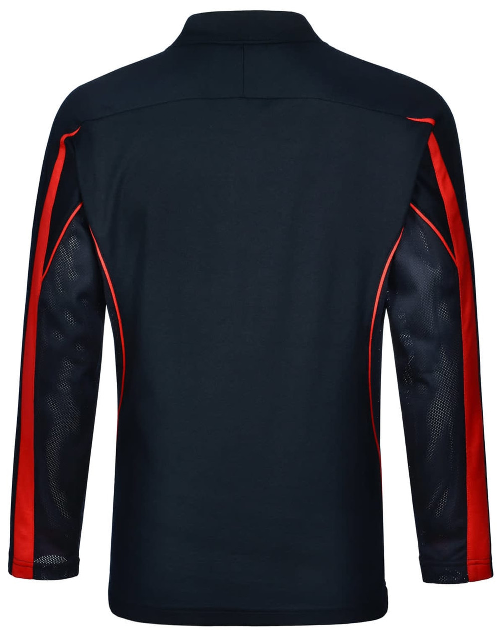 A black long sleeve polo shirt featuring red panels and mesh detailing, with a logo on it.