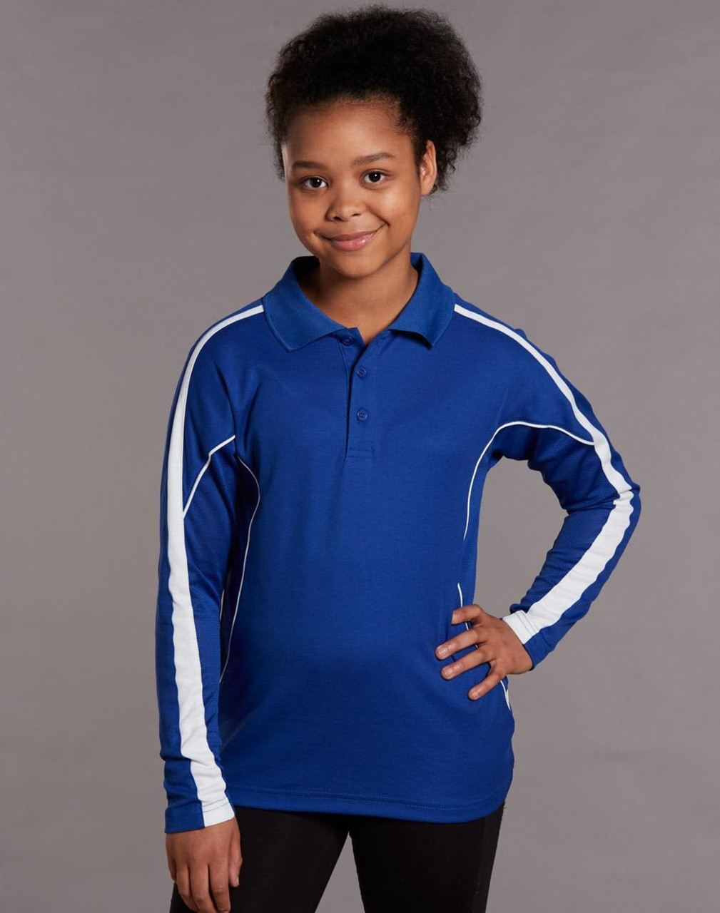 A long sleeve polo shirt in blue with white accents, featuring a collar and buttons. The shirt has branding.