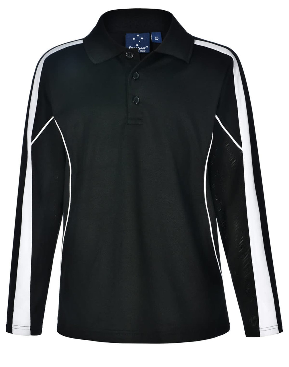 A kids' long sleeve polo shirt in black with white side panels and a collar, featuring a logo on the neck.