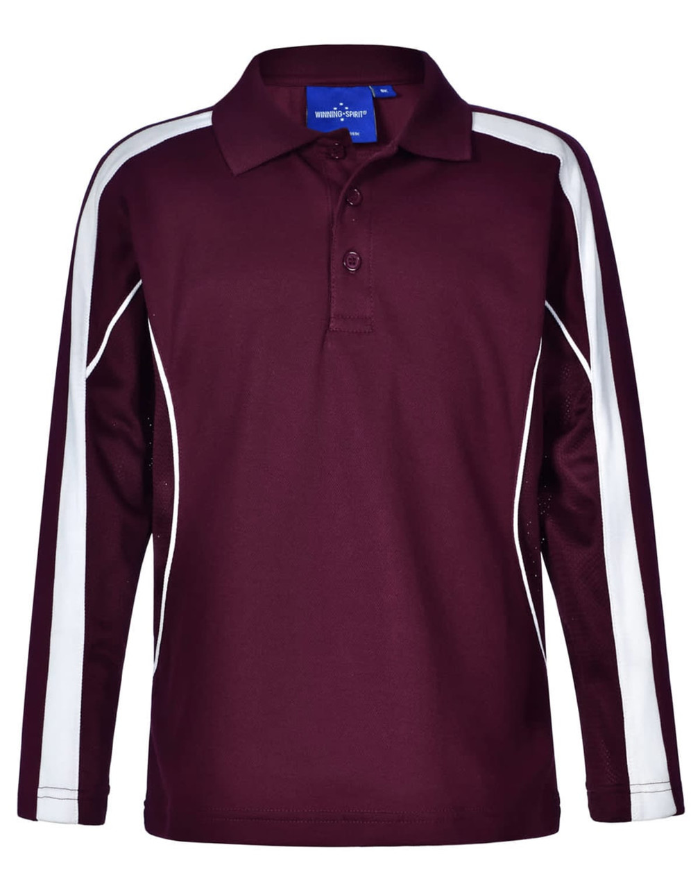 A maroon long sleeve polo shirt featuring white side stripes and a collar, with a logo on the chest.