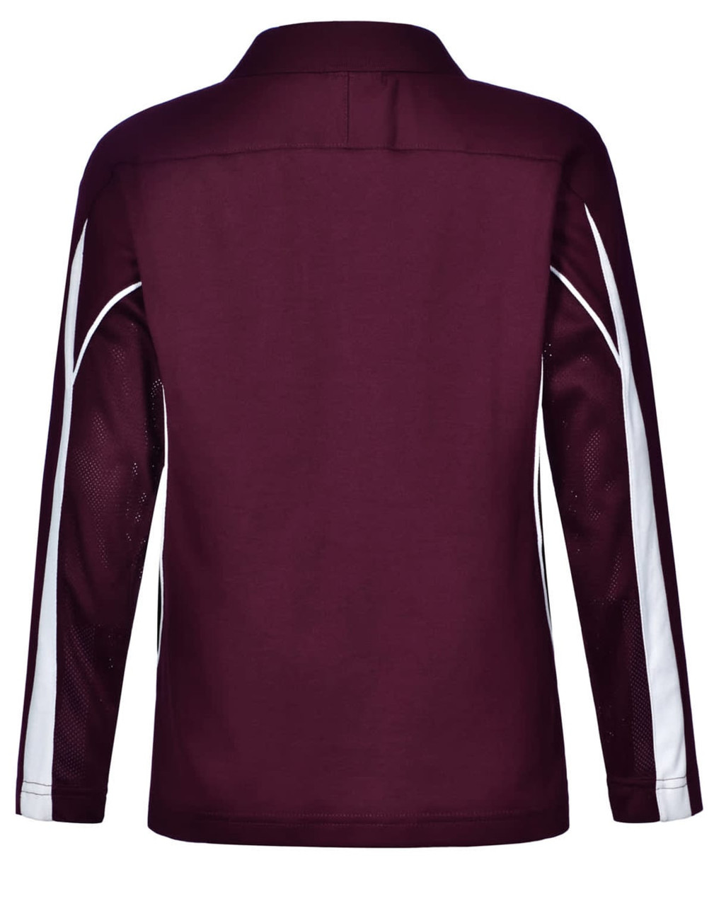A maroon long sleeve polo shirt with white side panels and a logo. Features a classic collar design.