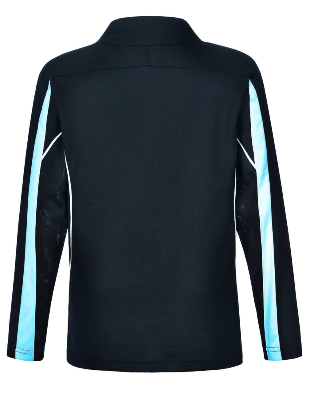 A black long sleeve polo shirt with light blue accents and a logo on the back.