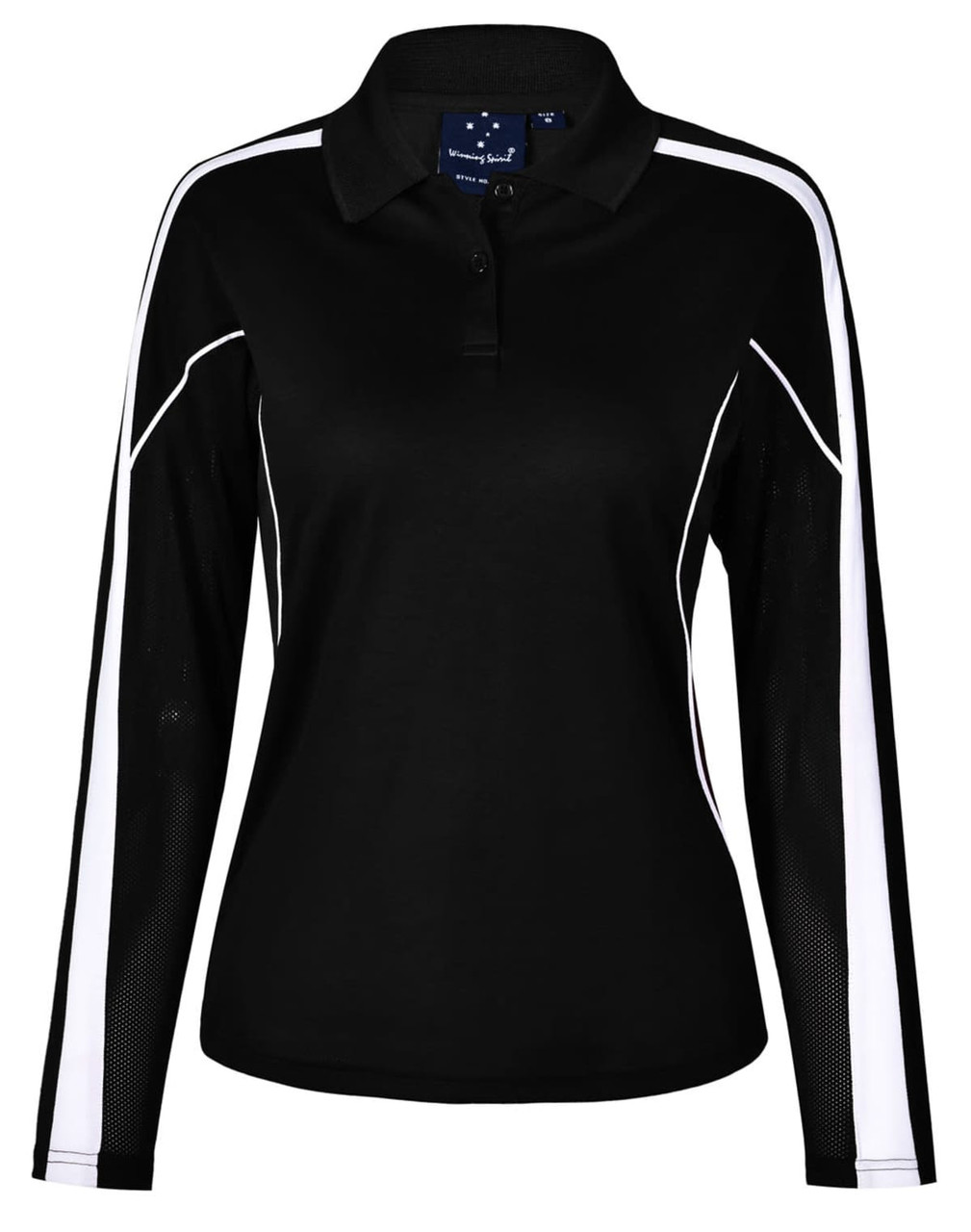 A black long sleeve polo shirt with white detailing and mesh sleeves, featuring a collar and a logo.