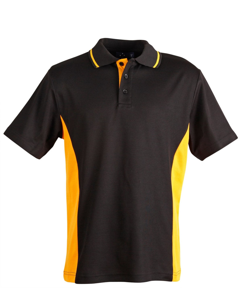A black and yellow men's polo shirt featuring a contrast design and a collar with buttons. It has a logo on the chest.
