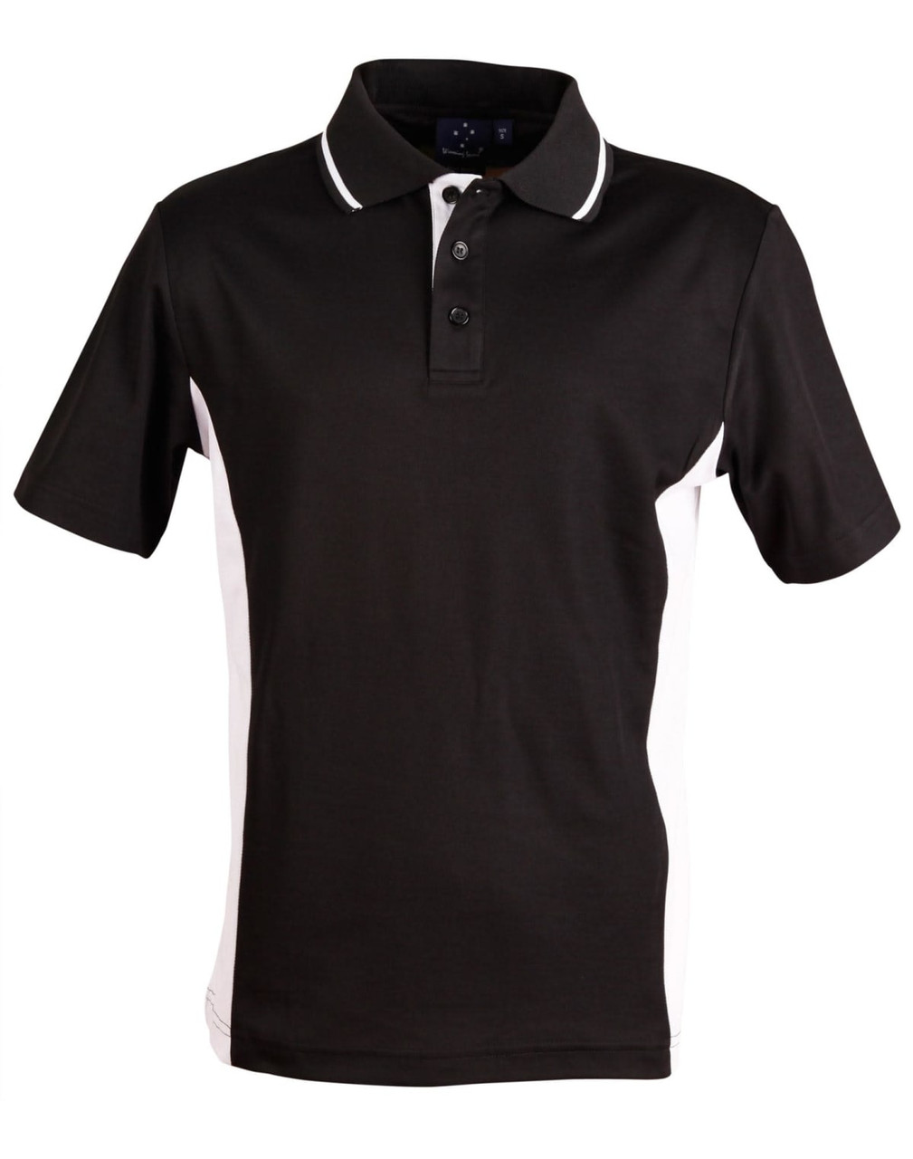 A black and white Men's TrueDry Contrast short-sleeve polo shirt with a collar and buttons, featuring a logo.