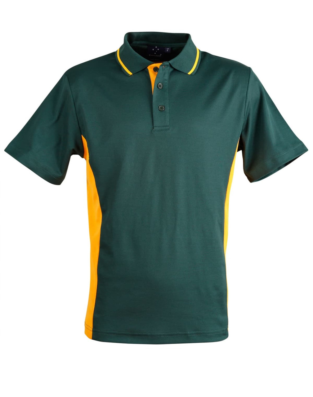 A dark green polo shirt featuring contrasting yellow side panels and a collar. It has a logo on the chest.