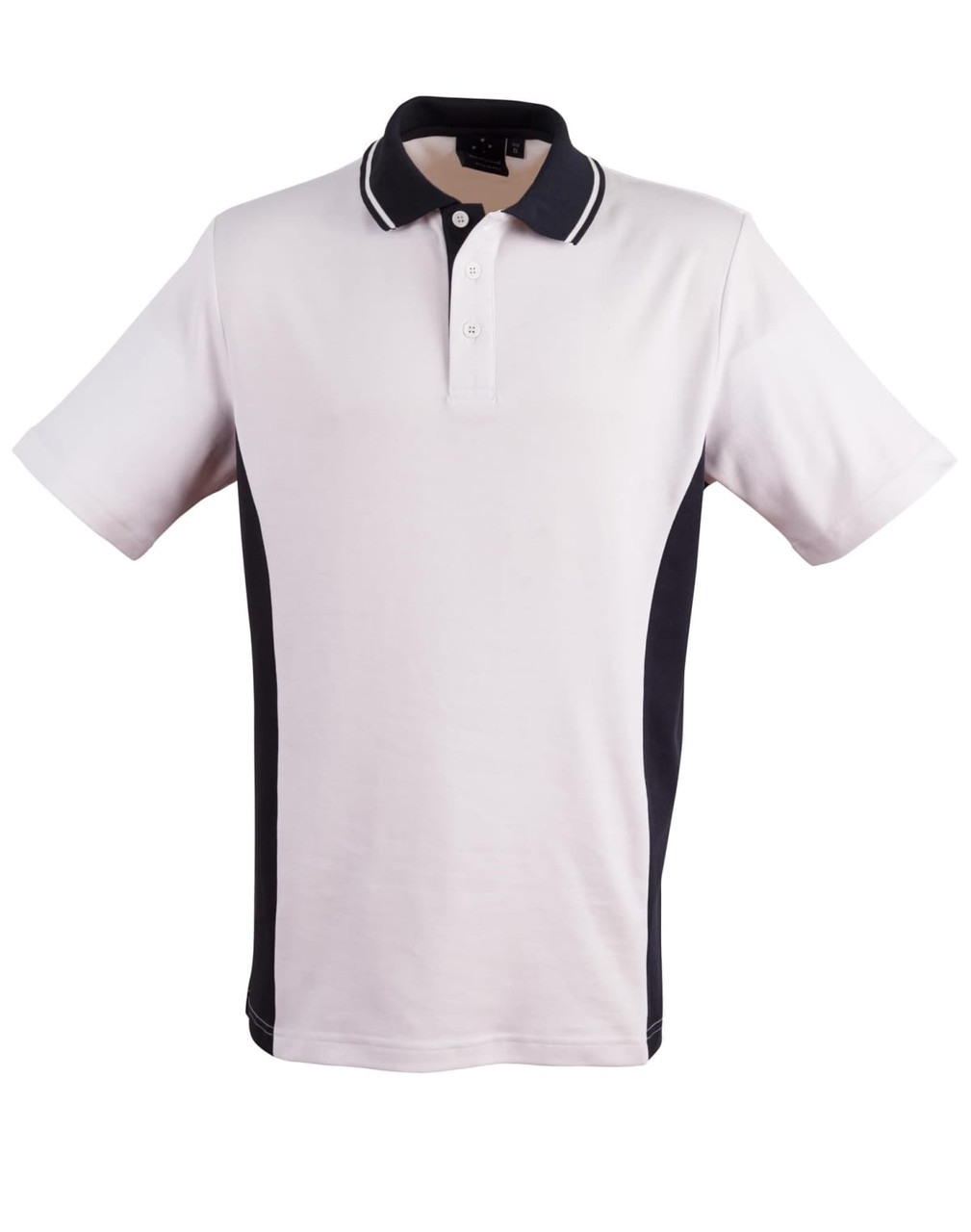 A white polo shirt with navy contrast panels and a collar. Features a logo on the chest.