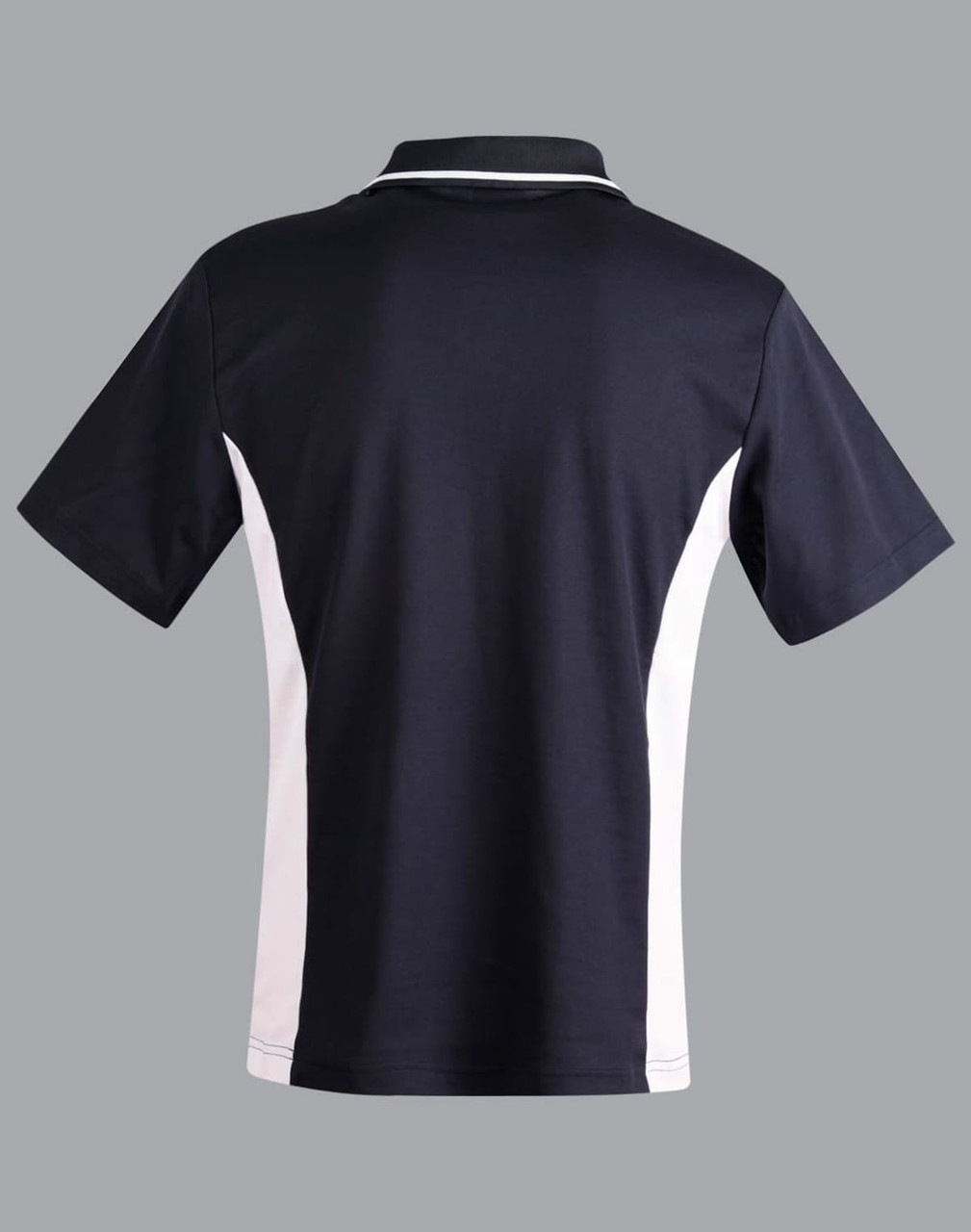A navy and white Kids' TrueDry Contrast S/S Polo shirt, featuring short sleeves and a collar, with branding present.
