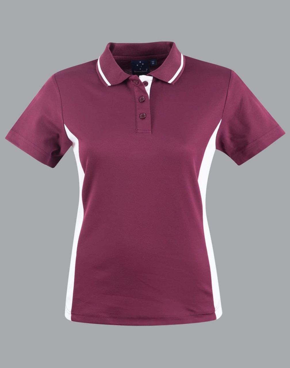 A maroon polo shirt with white contrast panels and a collar, featuring buttons and a logo.
