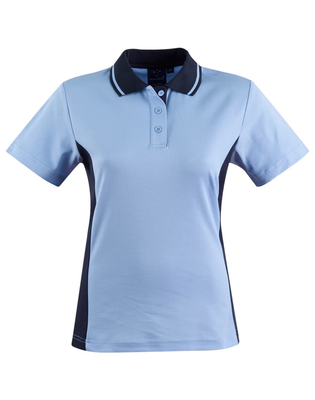 A light blue short-sleeve polo shirt with navy side panels and a collar, featuring three buttons and a logo.
