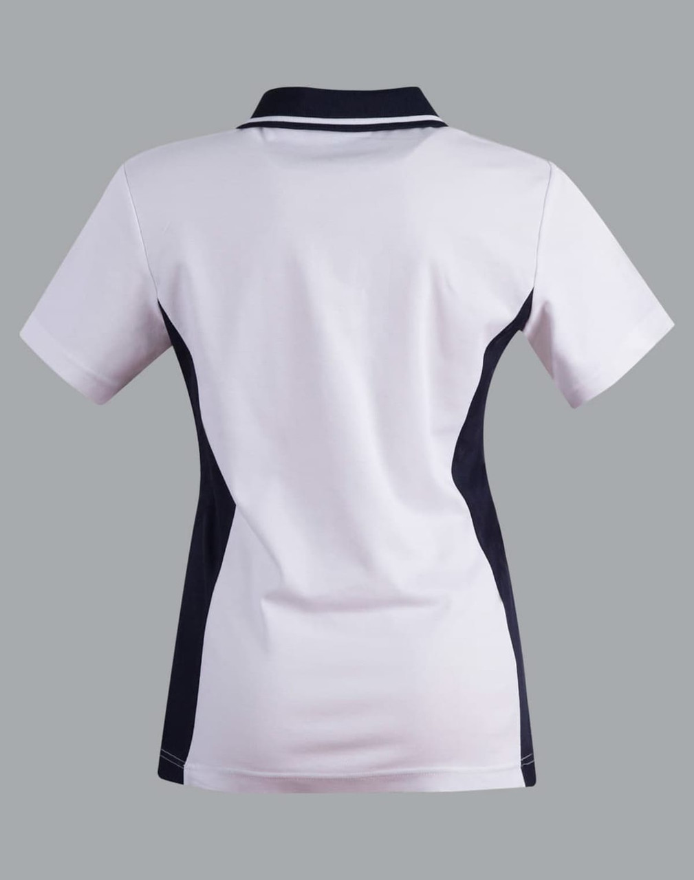 A ladies' polo shirt in white with navy contrast accents, featuring a collar and short sleeves. It has a logo detail.