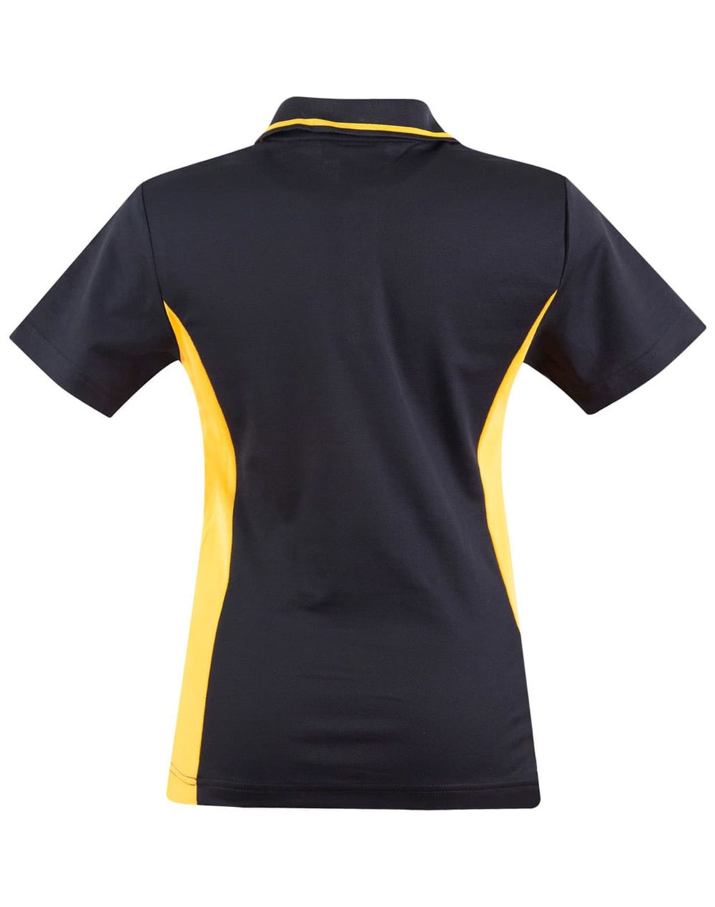 A black and yellow women's polo shirt featuring a contrasting design and a logo on the back.