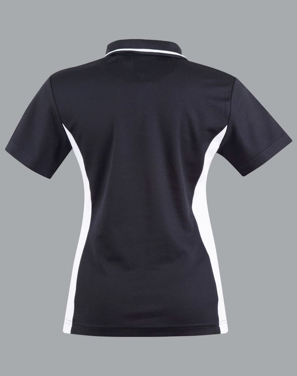 A black and white ladies' polo shirt with a contrast design and a classic collar, featuring a logo.