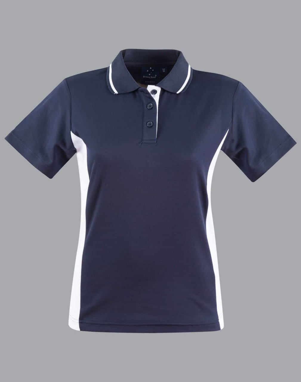 A ladies' polo shirt featuring a navy body with white contrast panels, short sleeves, and a collar.
