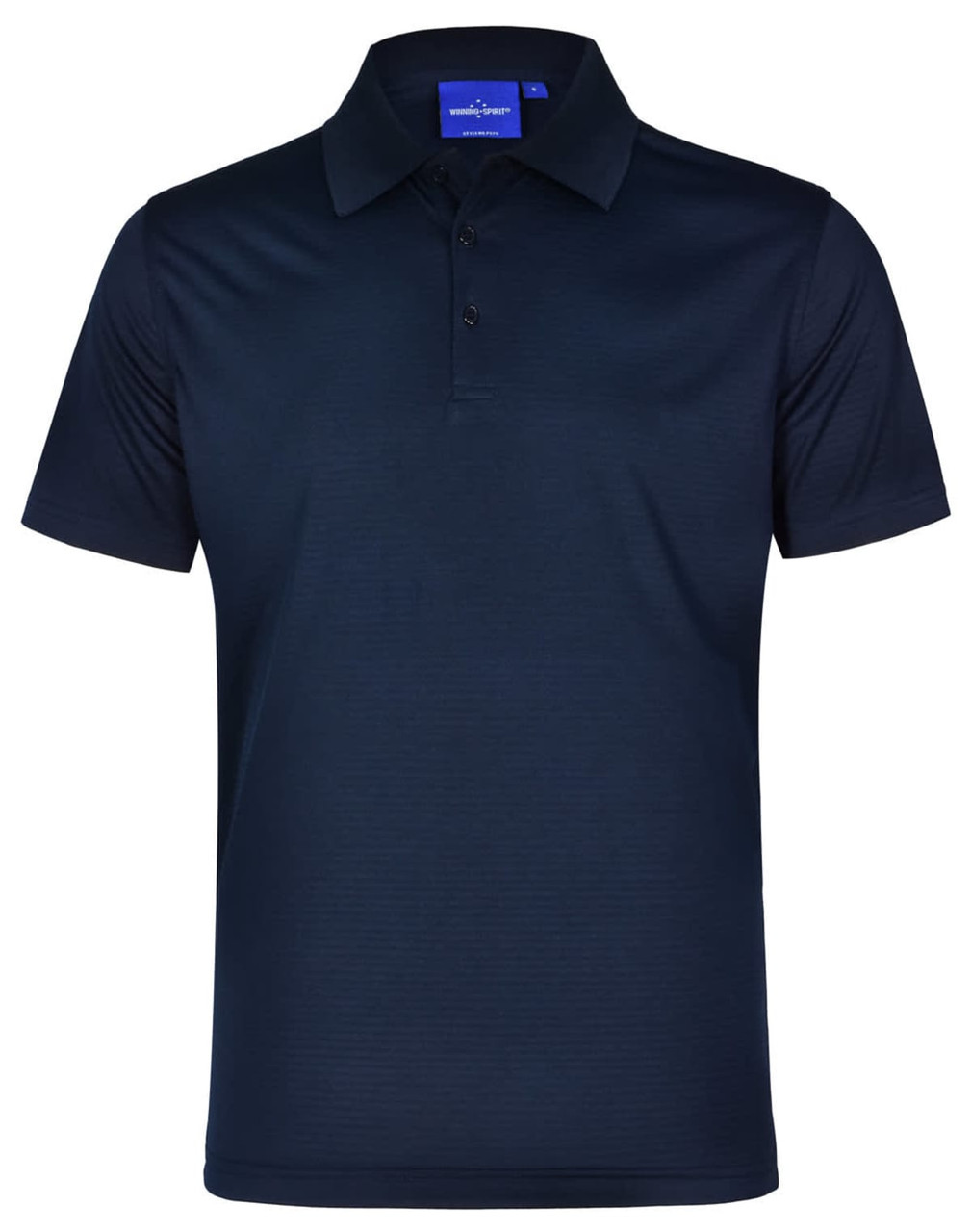 A men's polo shirt in navy blue with a textured design and a collar, featuring a logo on the chest.