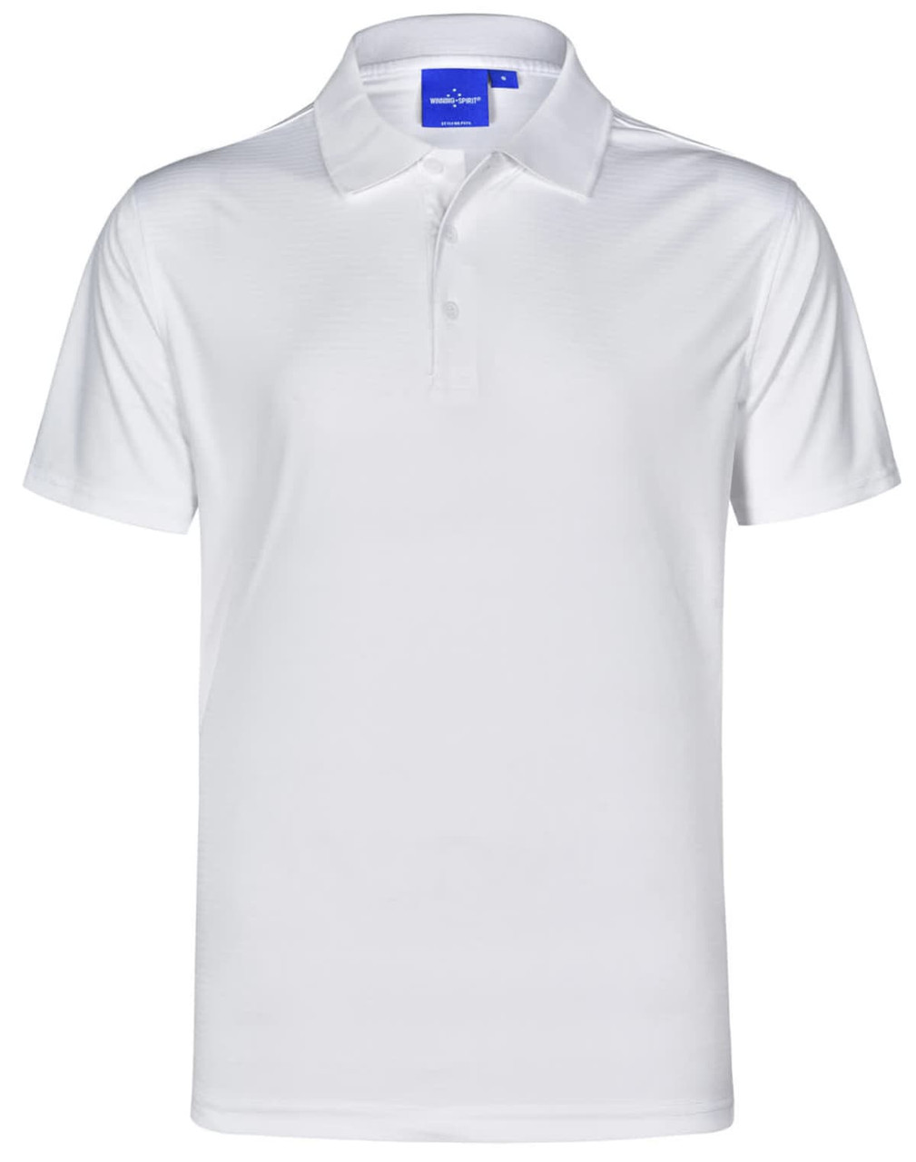 A white men's polo shirt made from Cooldry textured fabric, featuring a collar and a logo on the label.