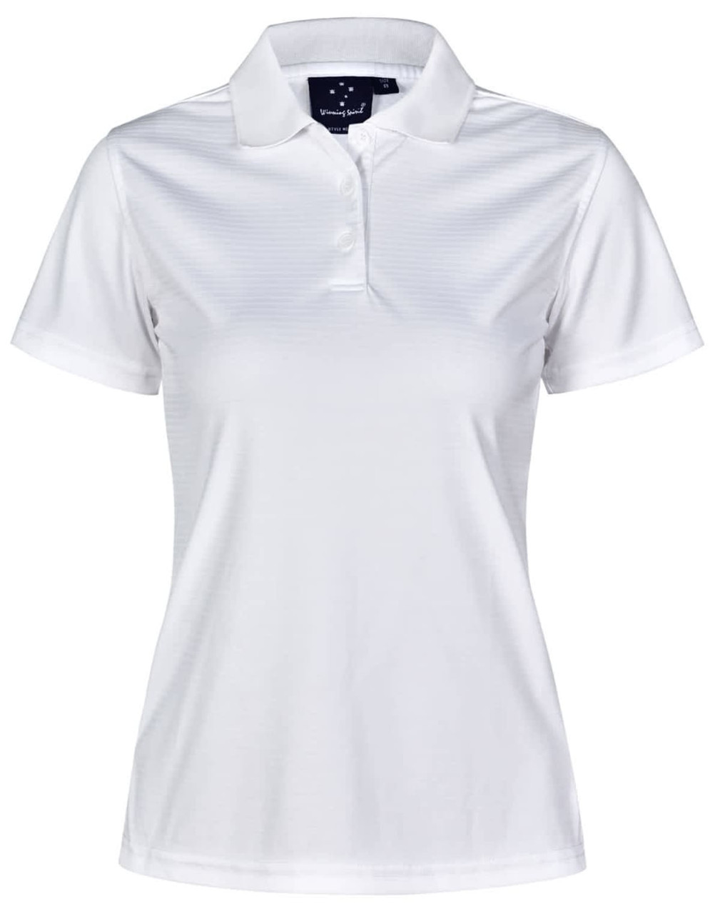 A white textured polo shirt for women, featuring a collared neckline and a logo on the label.