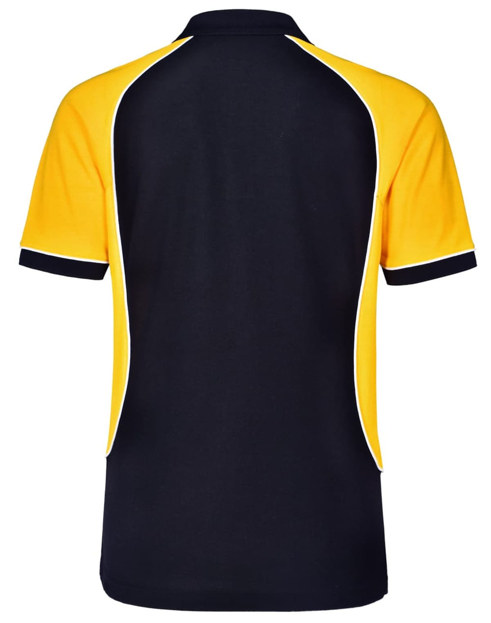 A black and yellow men's polo shirt with short sleeves and piping detail, featuring a logo on the back.