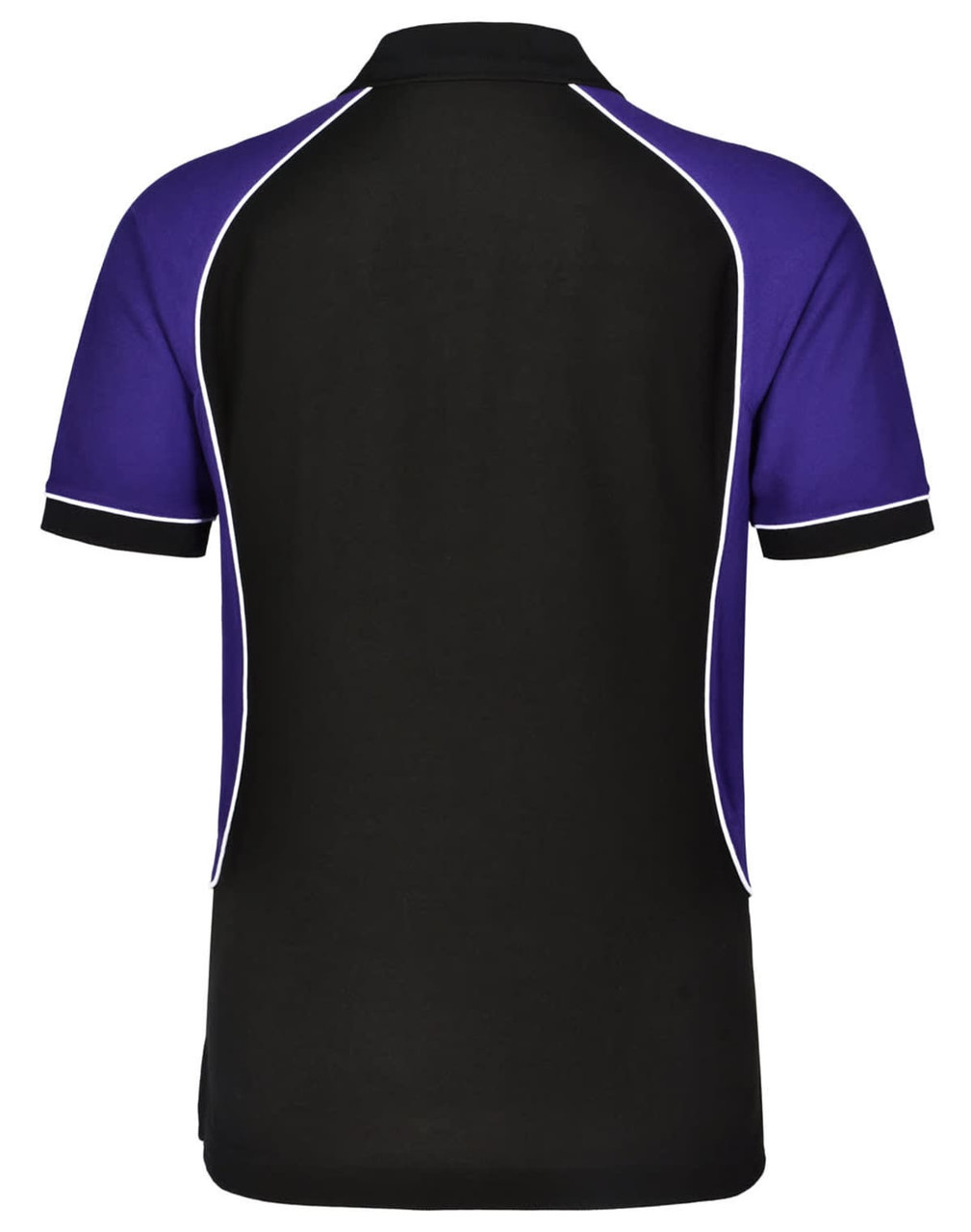 A polo shirt featuring a tri-colour design with black and purple, highlighting a sporty style and piped detailing.