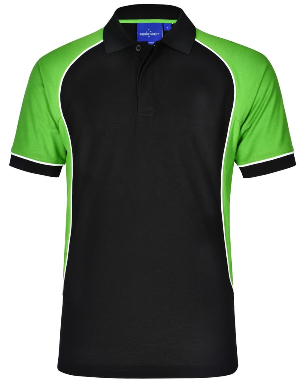 A black polo shirt with green accents and white piping, featuring a logo on the chest.