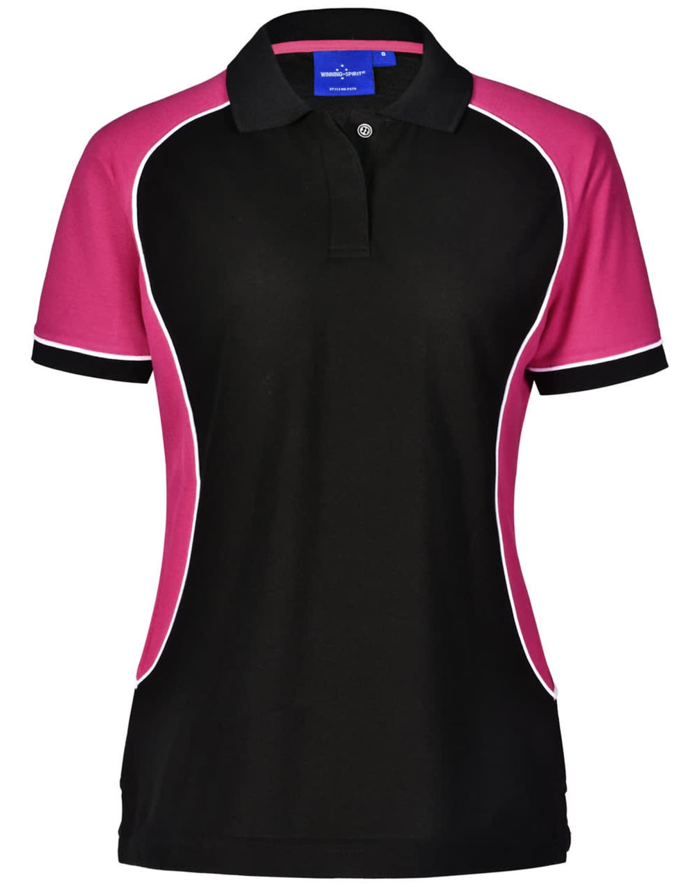 A women's short-sleeve pique polo shirt in black with pink and white detailing, featuring a collar and a logo.