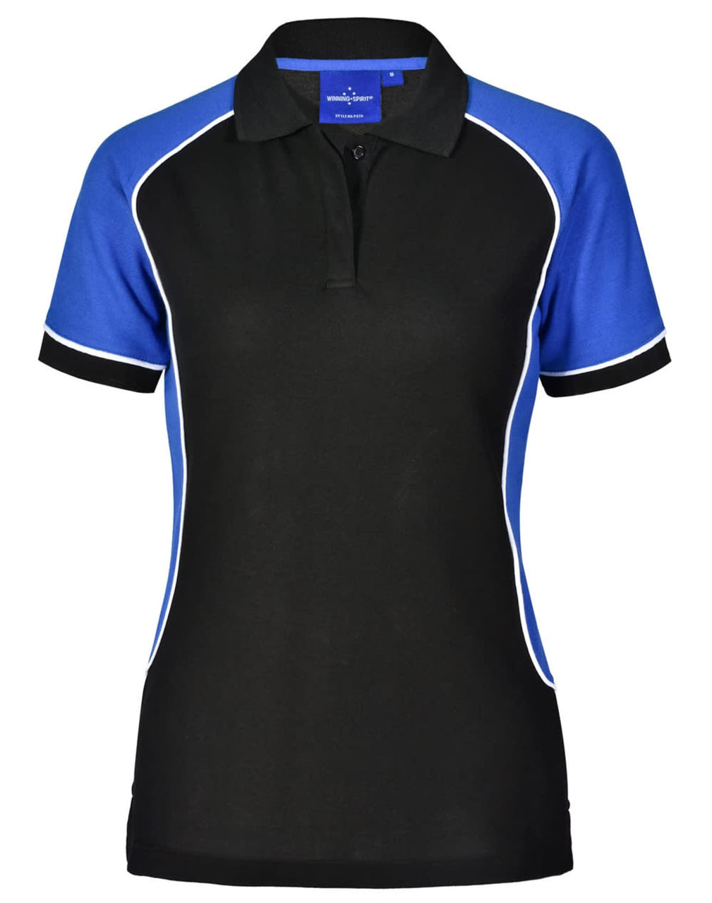 A women's tri-colour short-sleeve polo shirt in black with blue accents and white piping. Features a logo on the collar.