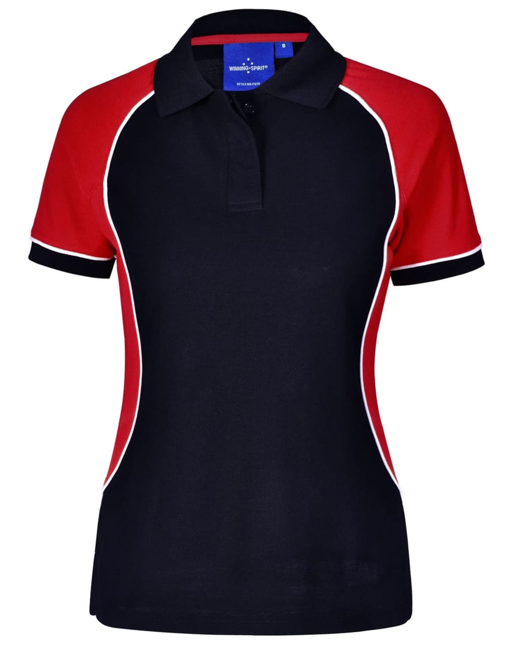 A tri-colour ladies' polo shirt in black, red, and white with a collar and short sleeves. It features a logo.