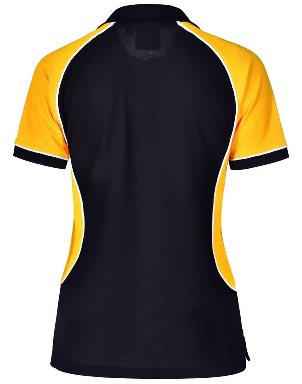 A black and yellow tri-colour polo shirt with short sleeves and a fitted design, featuring contrast piping and a logo.