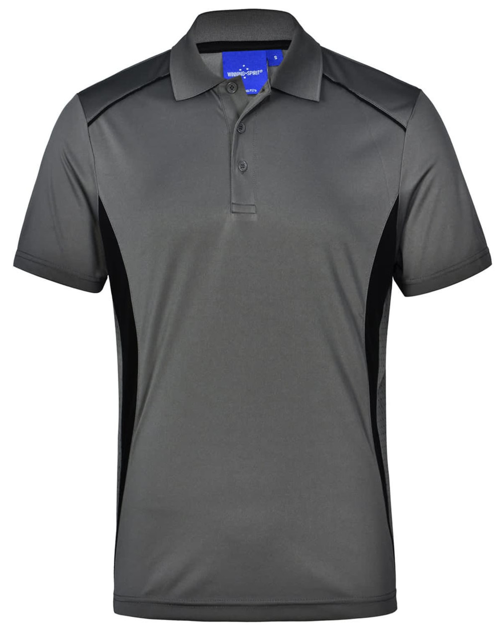 A grey men's polo shirt with contrast black panels and a logo on the chest. Short sleeves and a classic collar design.