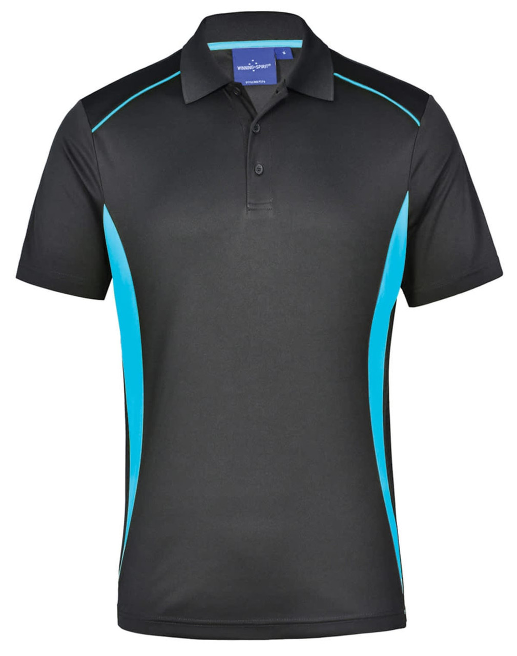 A black polo shirt with turquoise contrast panels and a logo on the chest. Short sleeves and a classic collar design.