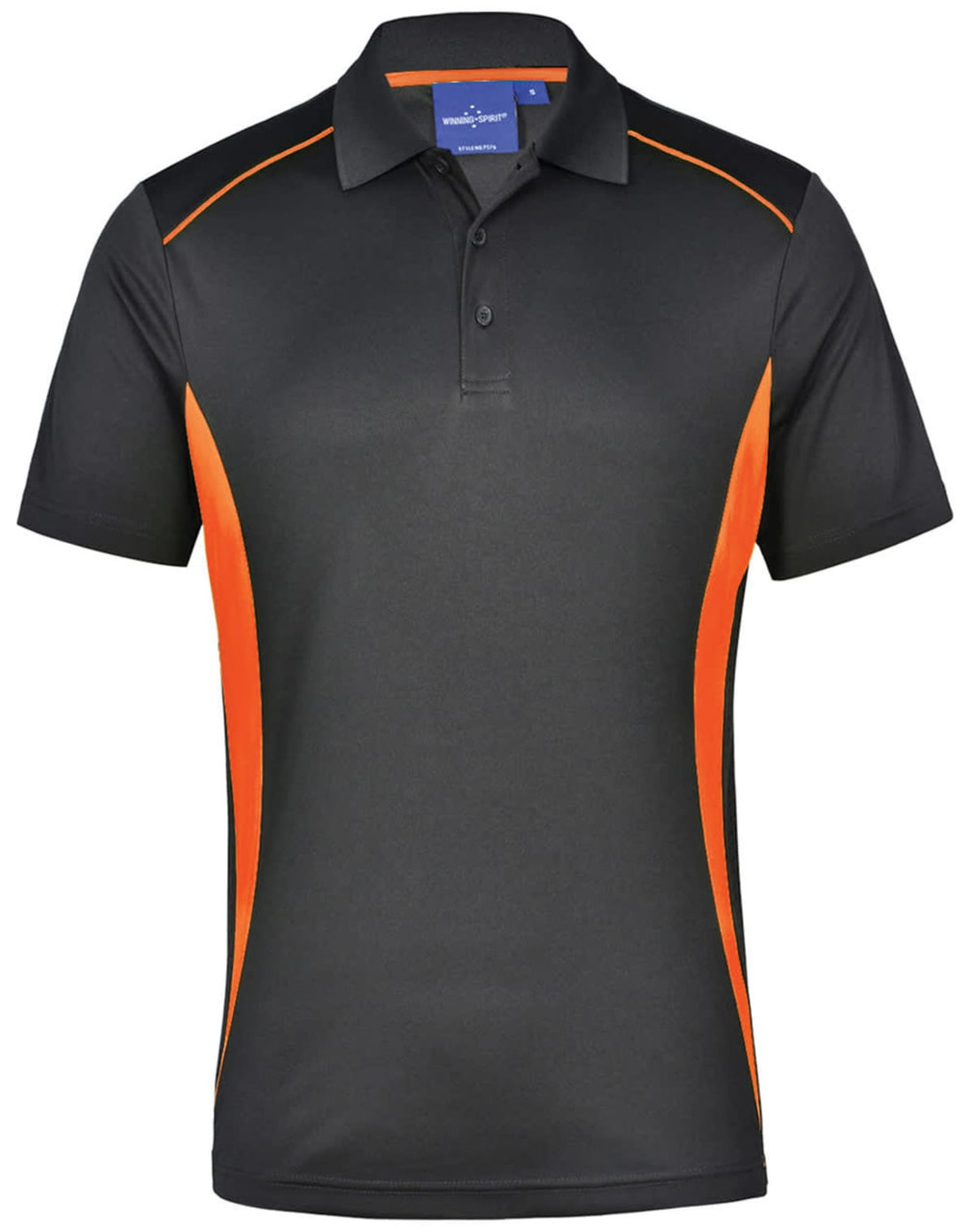 Men's short-sleeve polo shirt in black with orange contrast detailing and a logo on the chest.