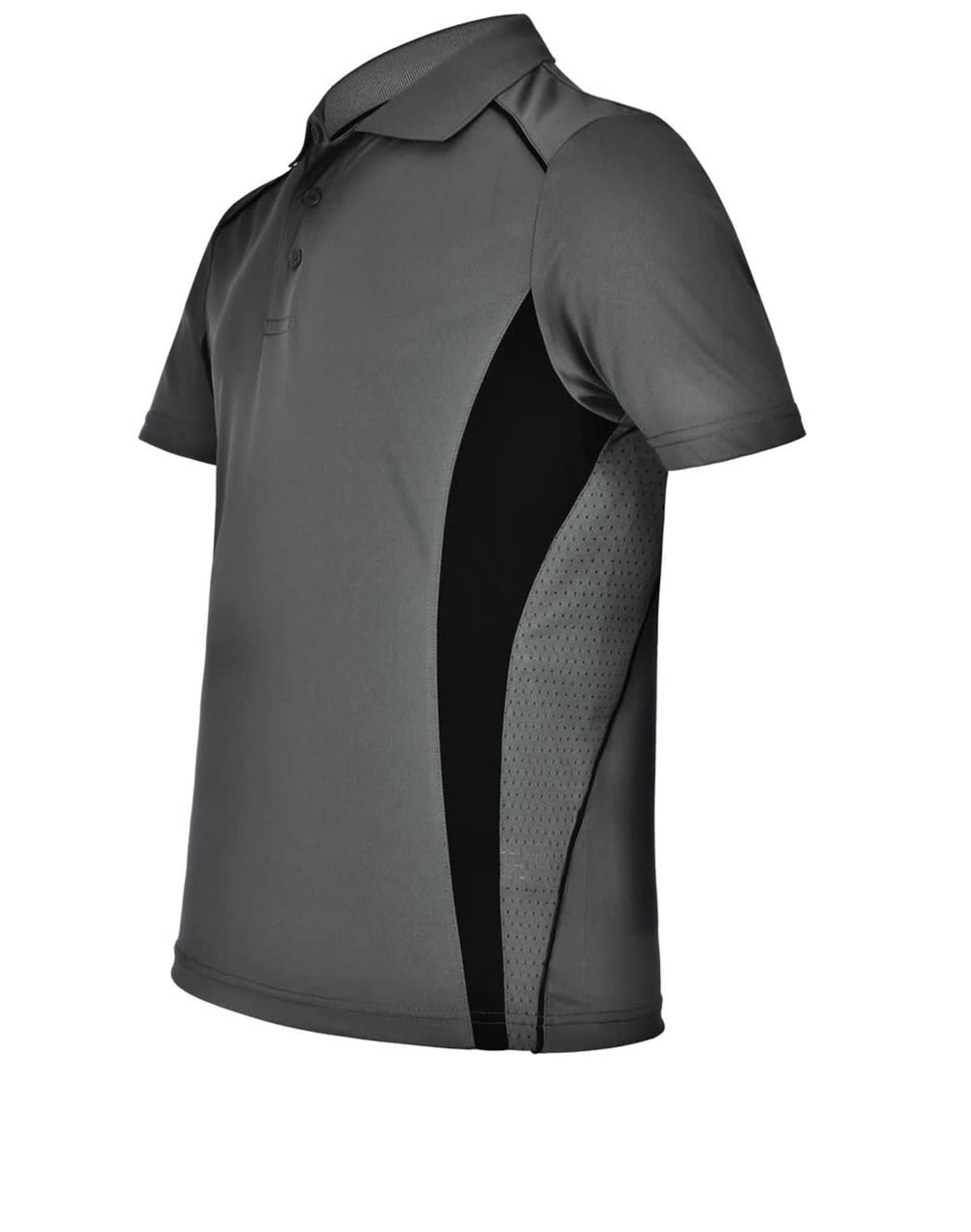 Men's Cooldry polo shirt in grey with black contrast panels, featuring a collar and short sleeves. It has a logo on it.
