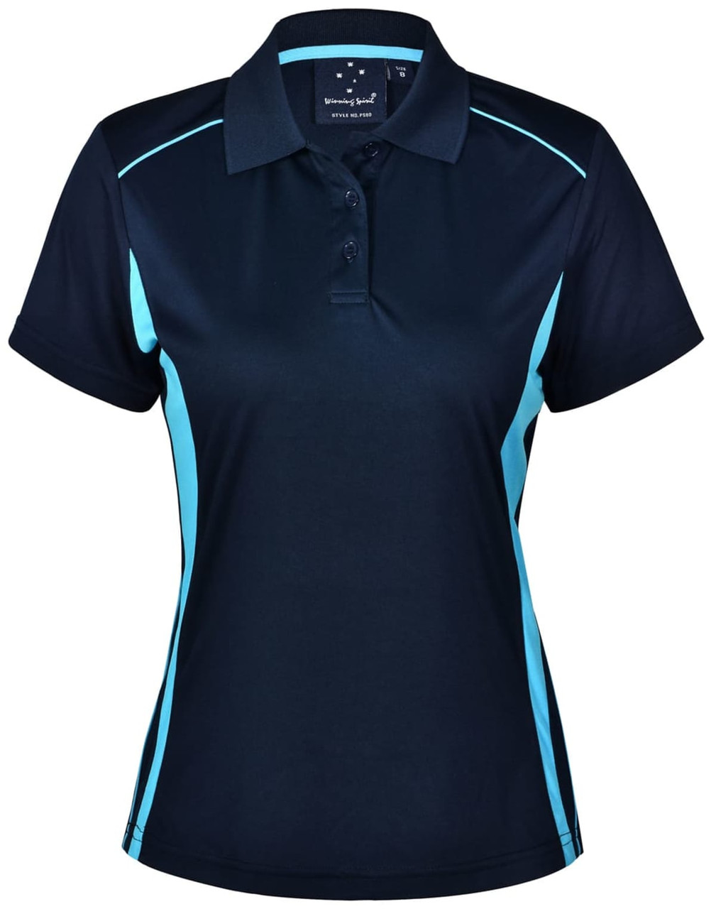 A navy polo shirt with light blue contrast detailing, featuring a collared neck and buttons. It has a logo on the brand tag.