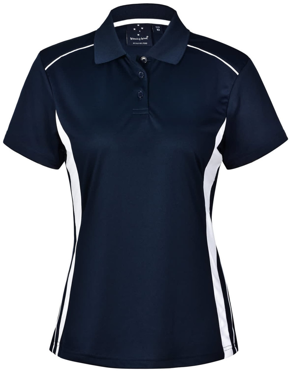 A navy blue ladies' polo shirt with white contrast panels and a collar, featuring a logo on the front.