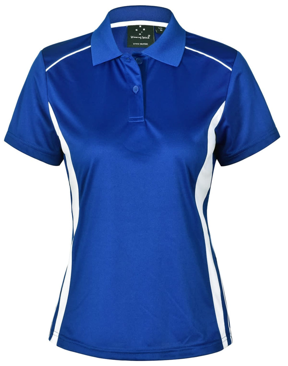 A women's blue polo shirt with white contrast panels and a collared neckline. It features a logo on the label.