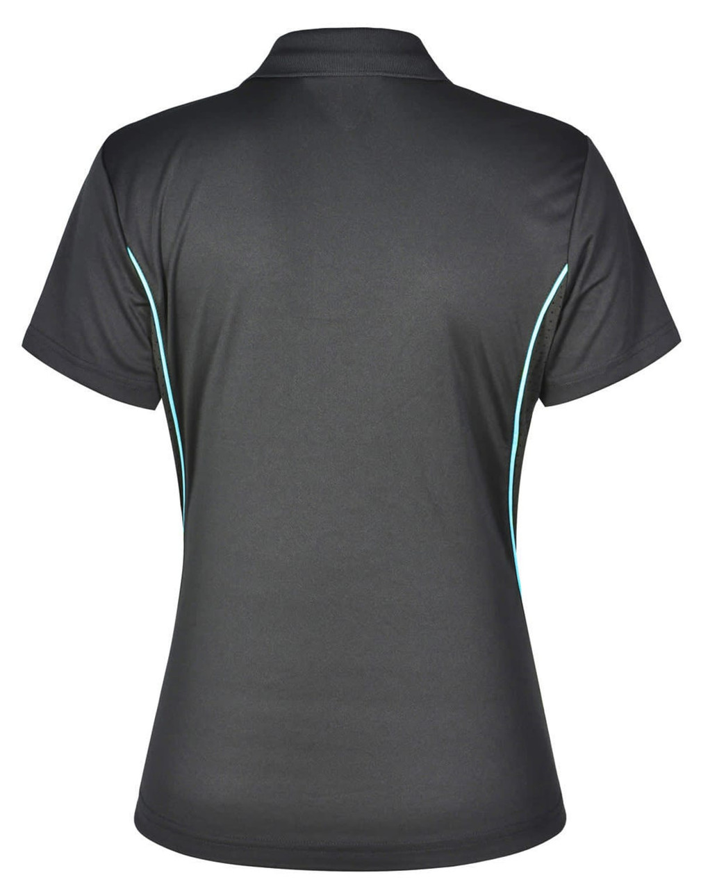 A black polo shirt with short sleeves featuring a contrast turquoise trim and a logo on the back.