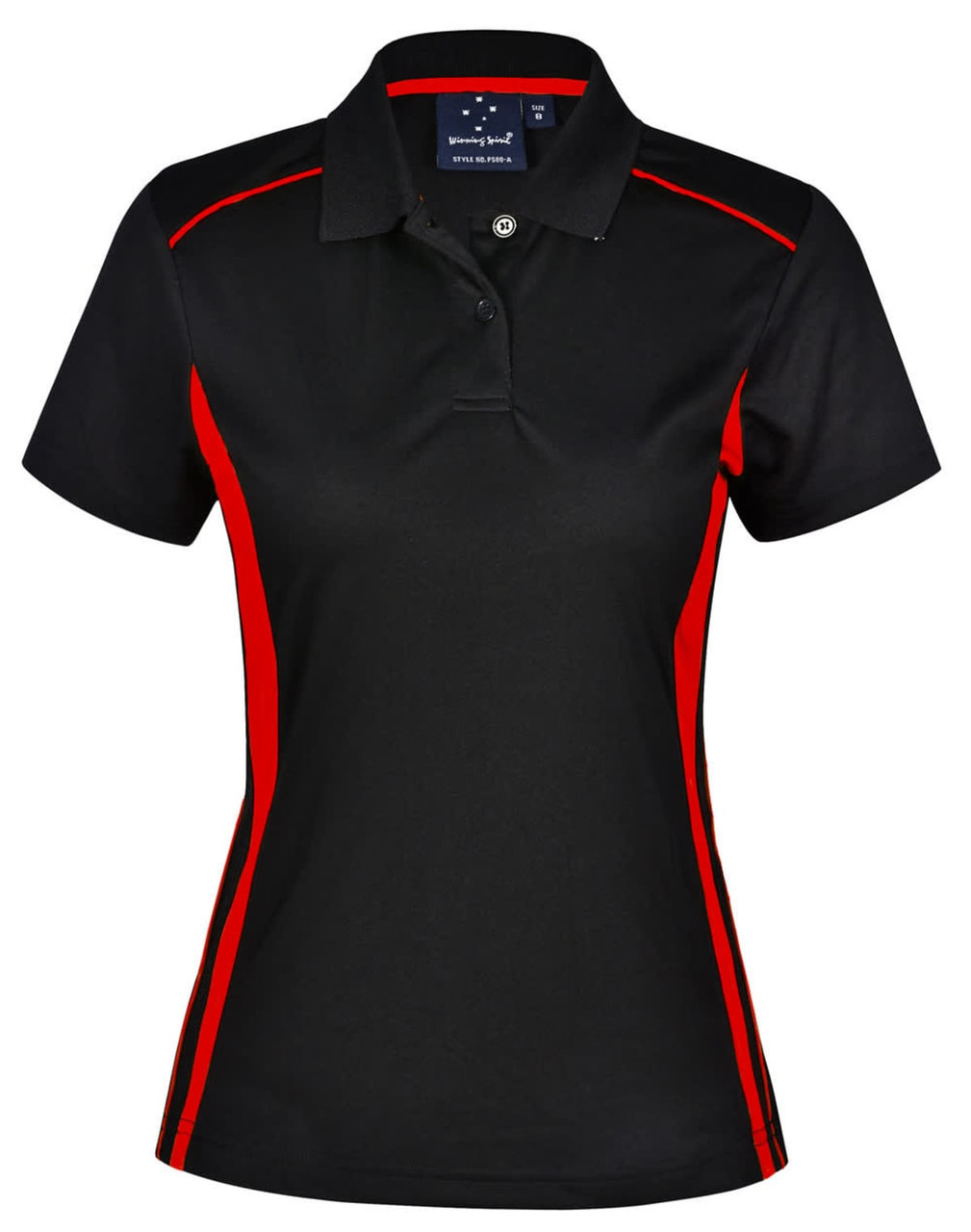 A black polo shirt with red contrast detailing and a collar. Features a logo on the front.