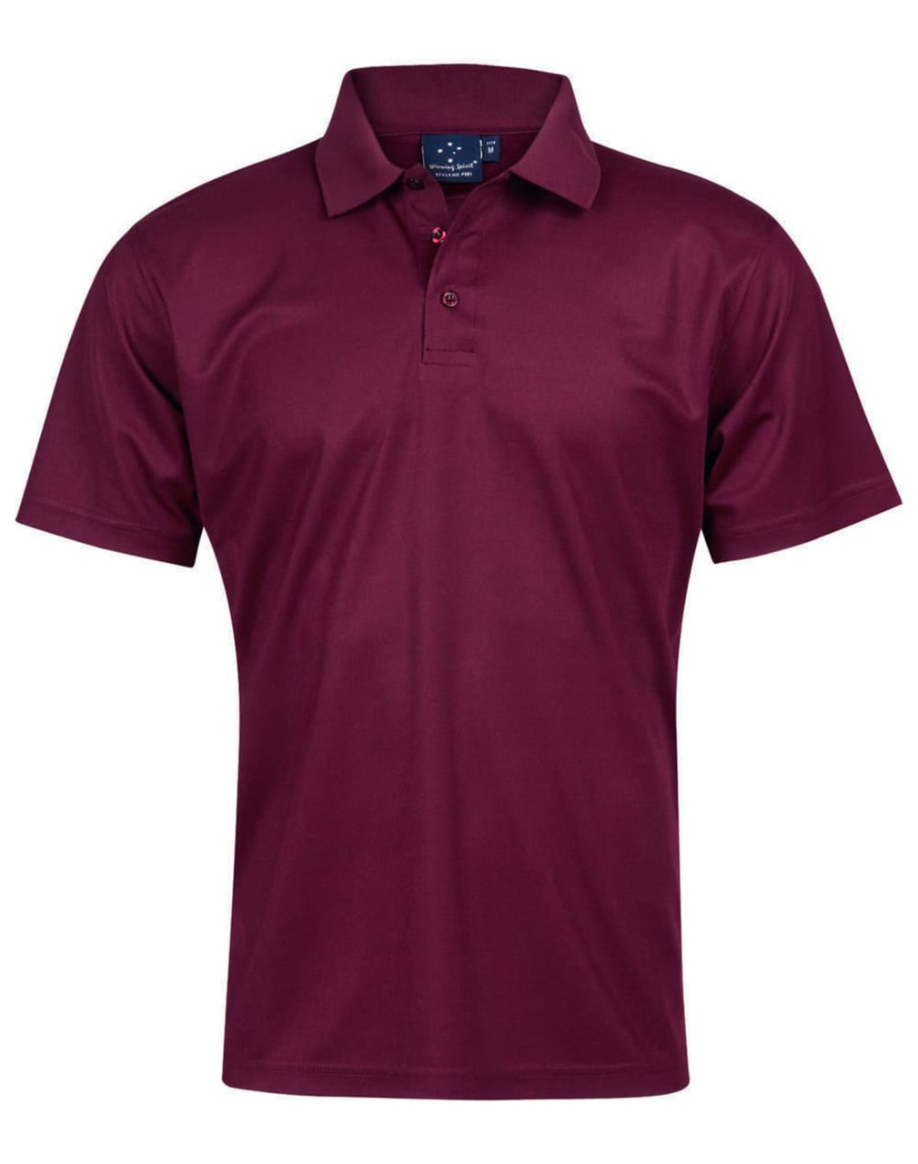 A burgundy short-sleeved polo shirt with a collar and a logo on the chest. Suitable for kids.