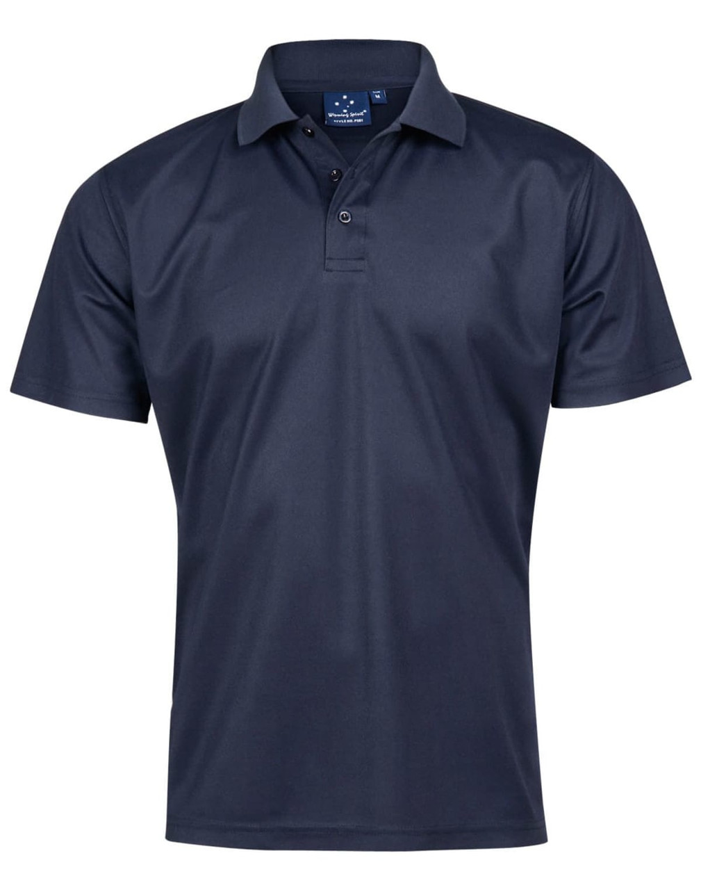 A navy blue short-sleeve polo shirt with a collar and a logo on the tag. Suitable for kids.