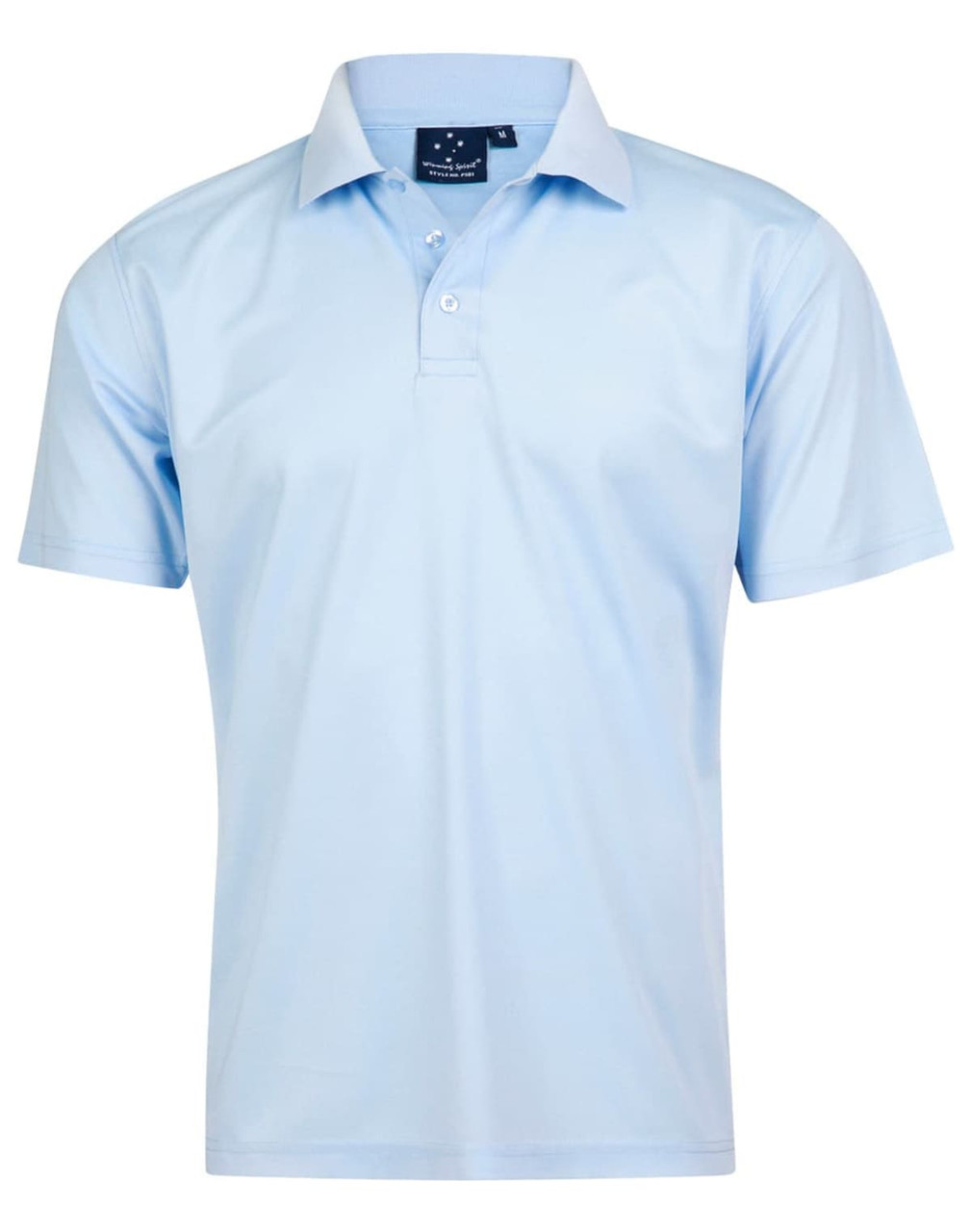 A light blue polo shirt with a collar and short sleeves, featuring a logo on the label.