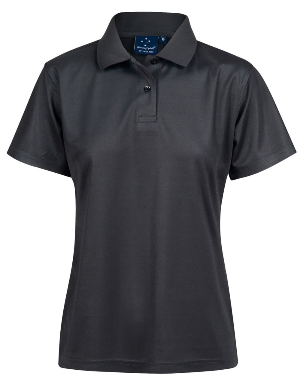 A black women's polo shirt featuring a classic collar, short sleeves, and a logo on the label.