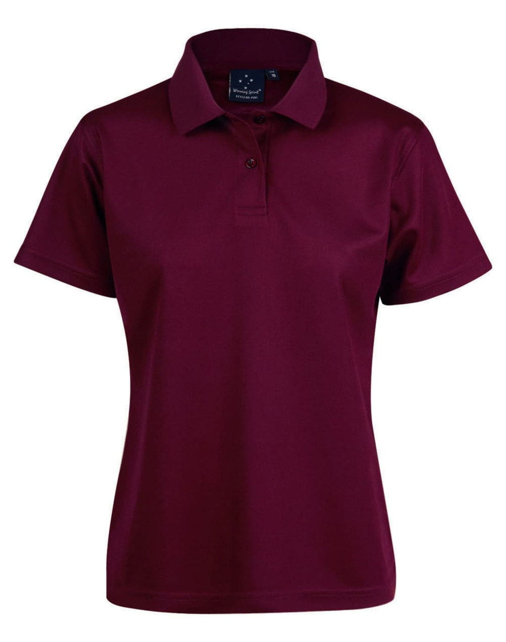 A maroon short-sleeve polo shirt with a collar and a logo. Ideal for casual or sporty wear.