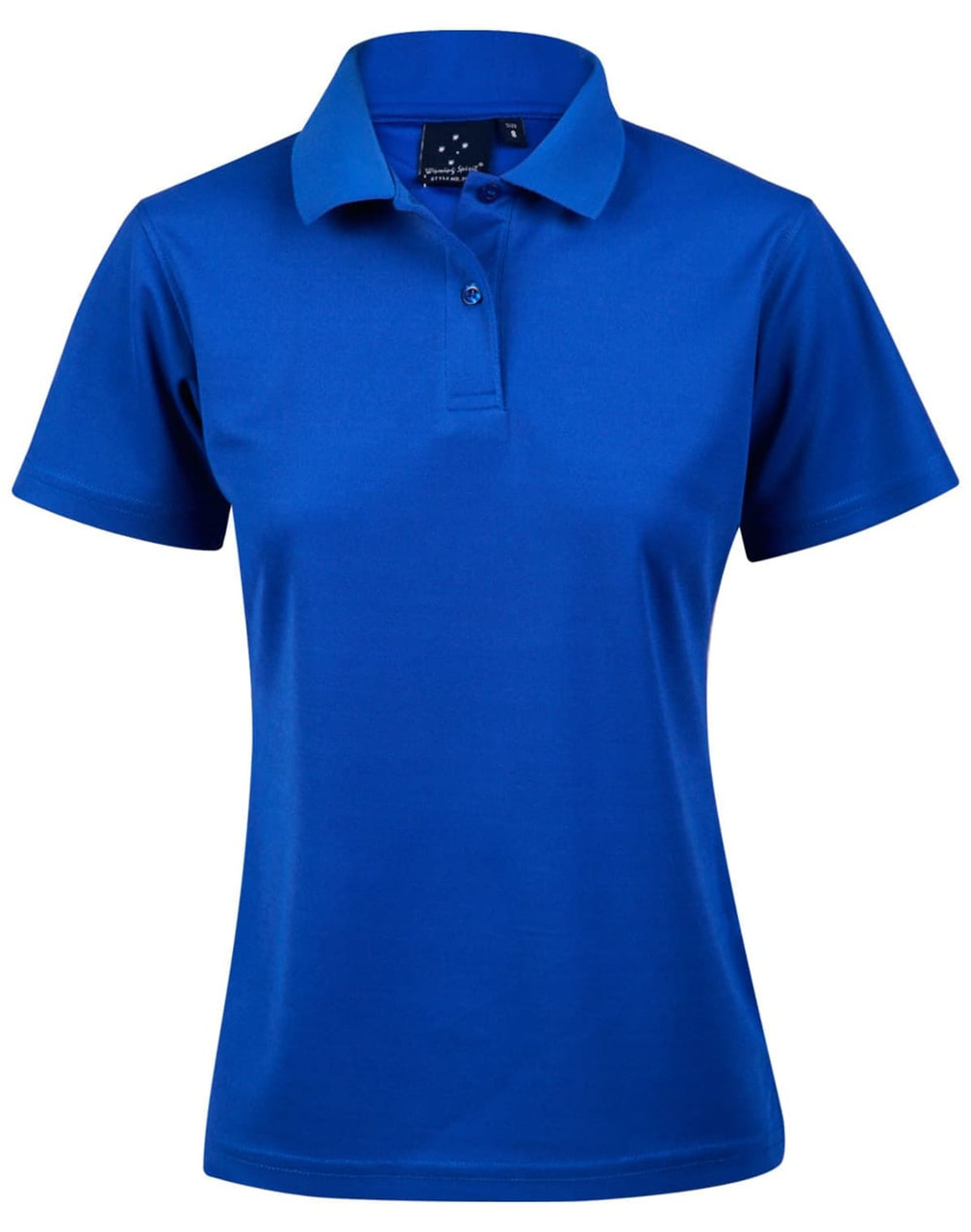 A blue ladies' polo shirt with short sleeves and a collar, featuring a logo on the upper left.