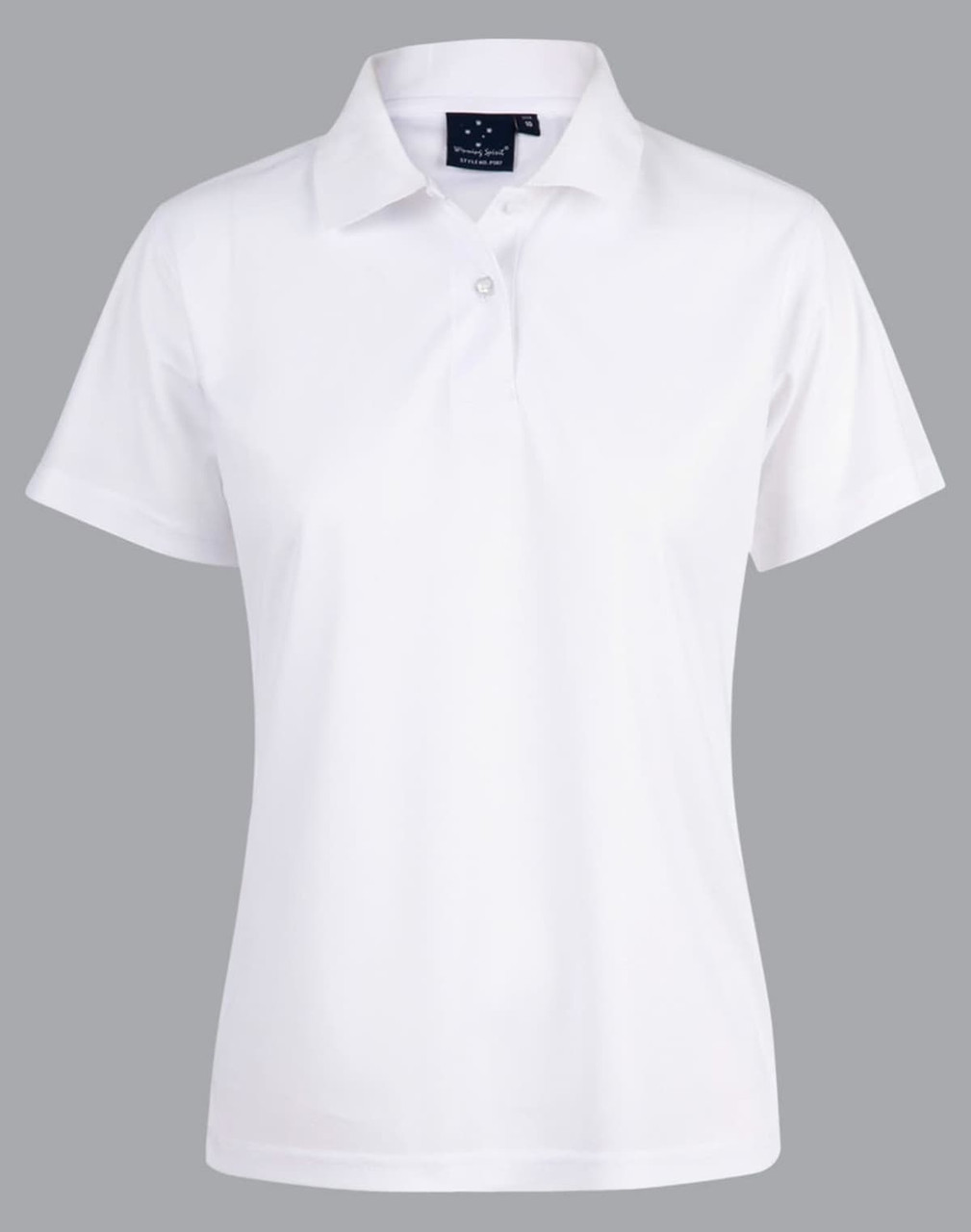 A white ladies' polo shirt made from Cooldry fabric, featuring a classic collar and short sleeves. It has a logo.