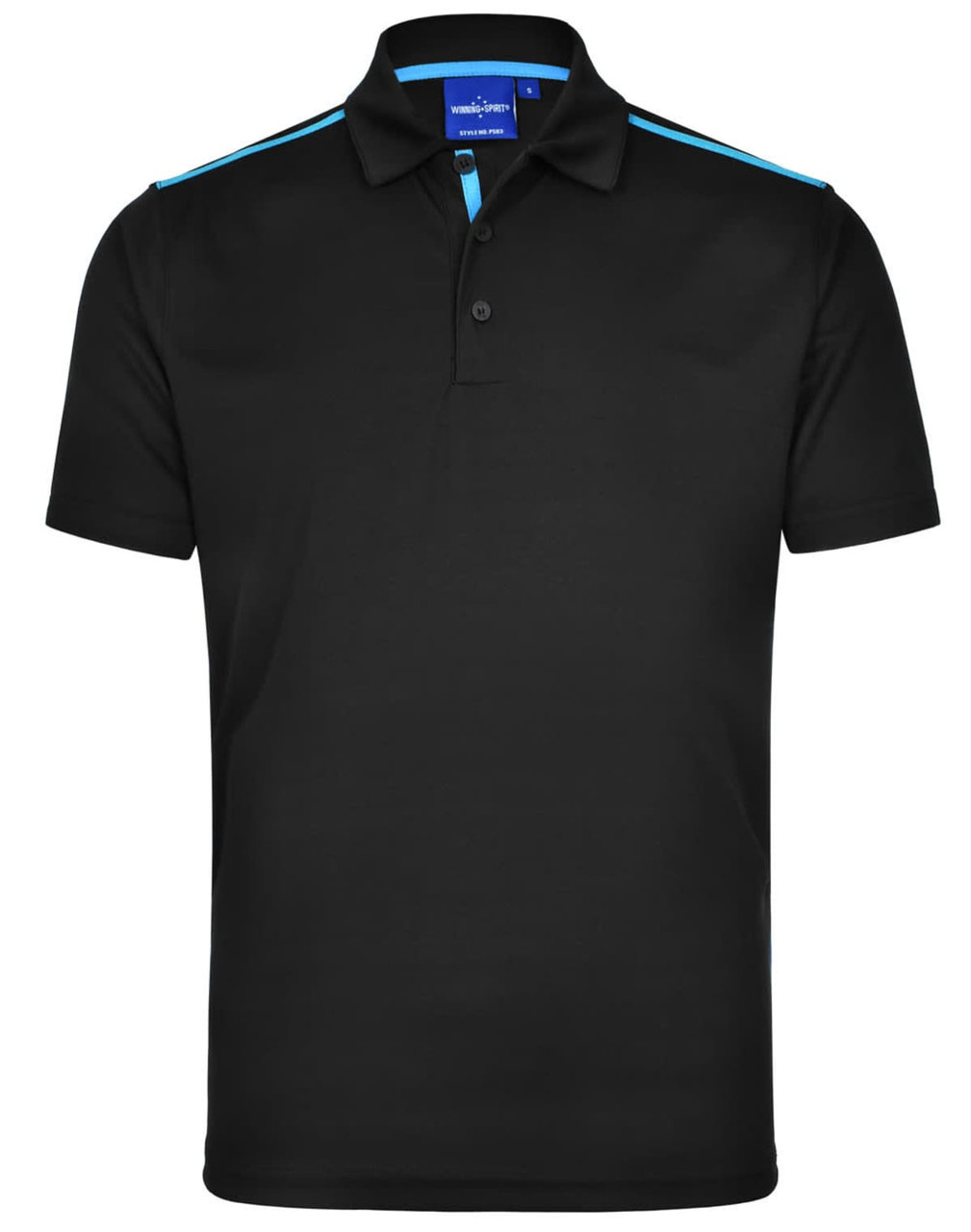 A black short sleeve polo shirt featuring contrast blue stripes and a logo on the collar.