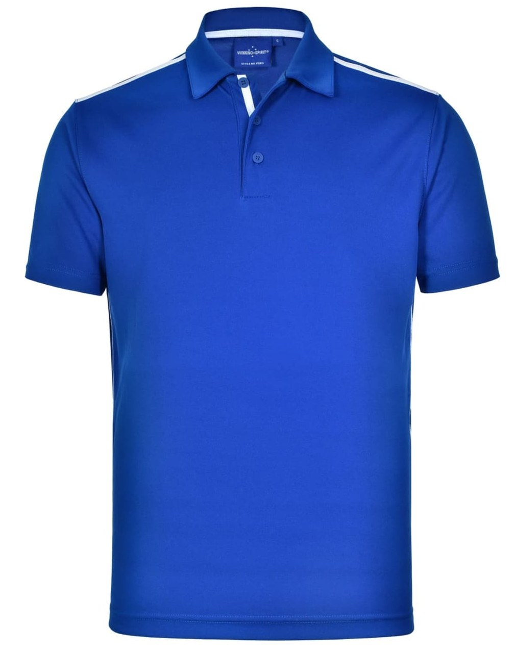 A blue short sleeve polo shirt with contrast detailing and a logo on the chest.