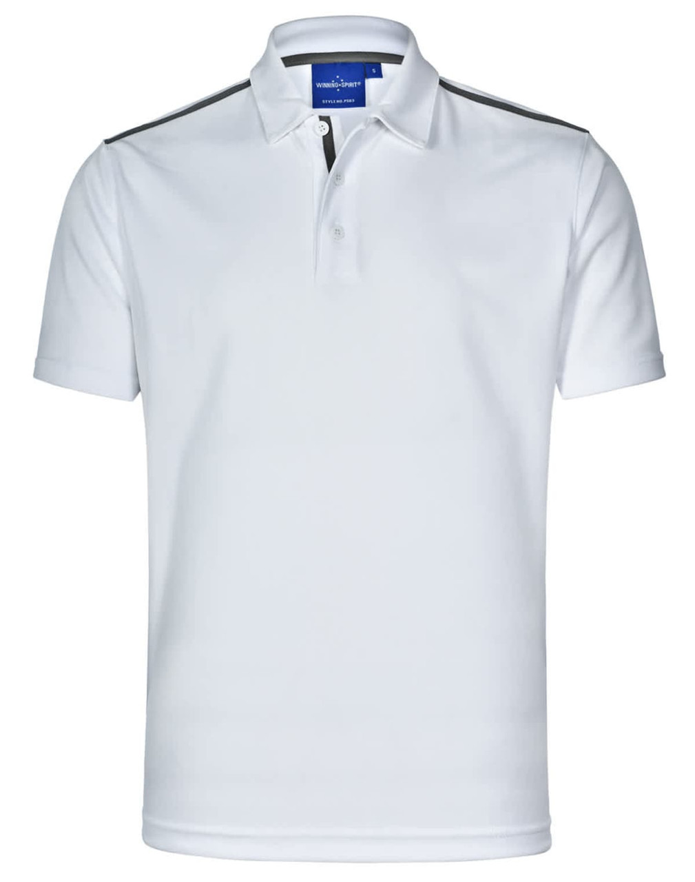 A white short sleeve polo shirt with contrast detailing and a logo on the chest.