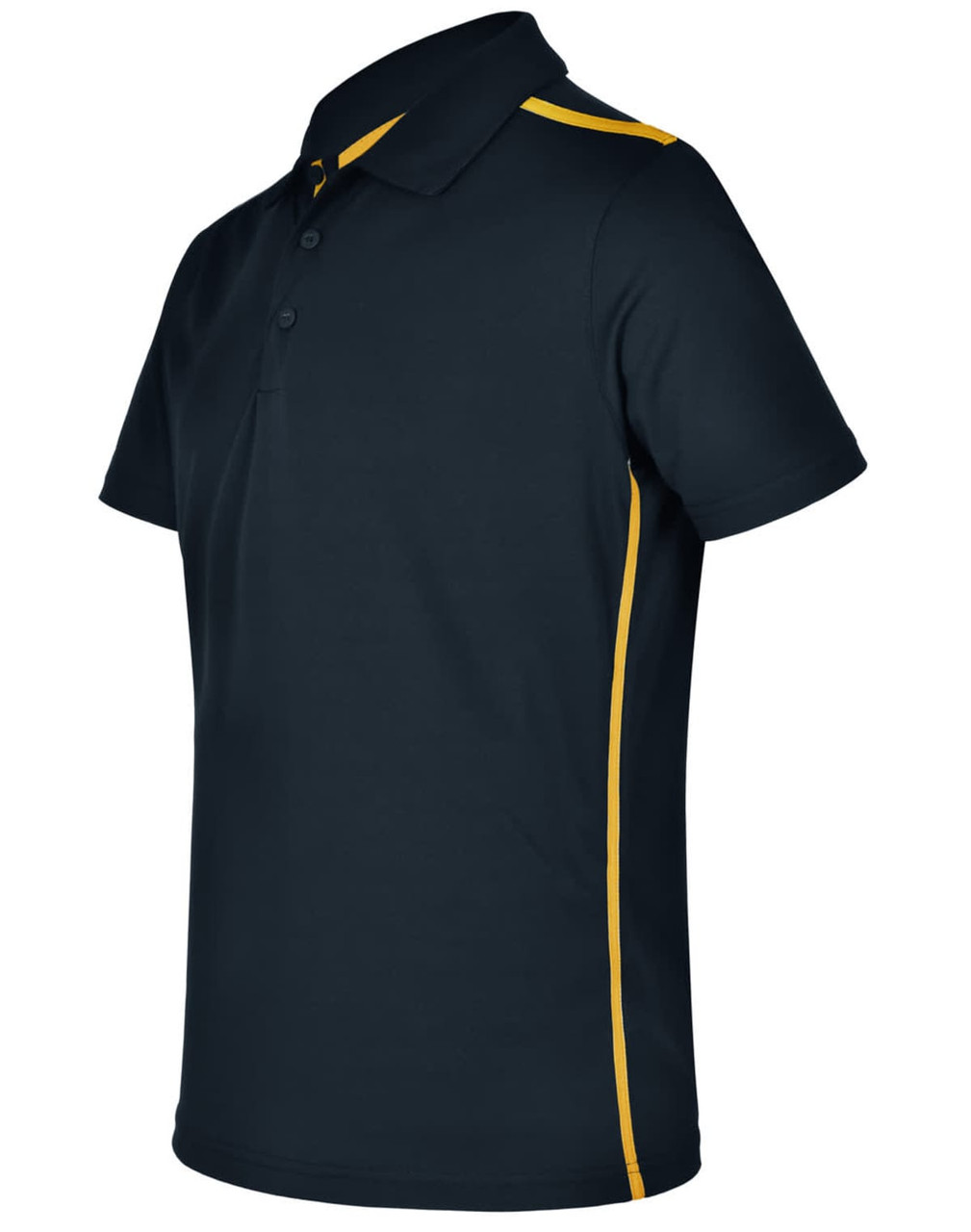 A men's short sleeve polo in navy blue with yellow contrast detailing and a logo on the chest.