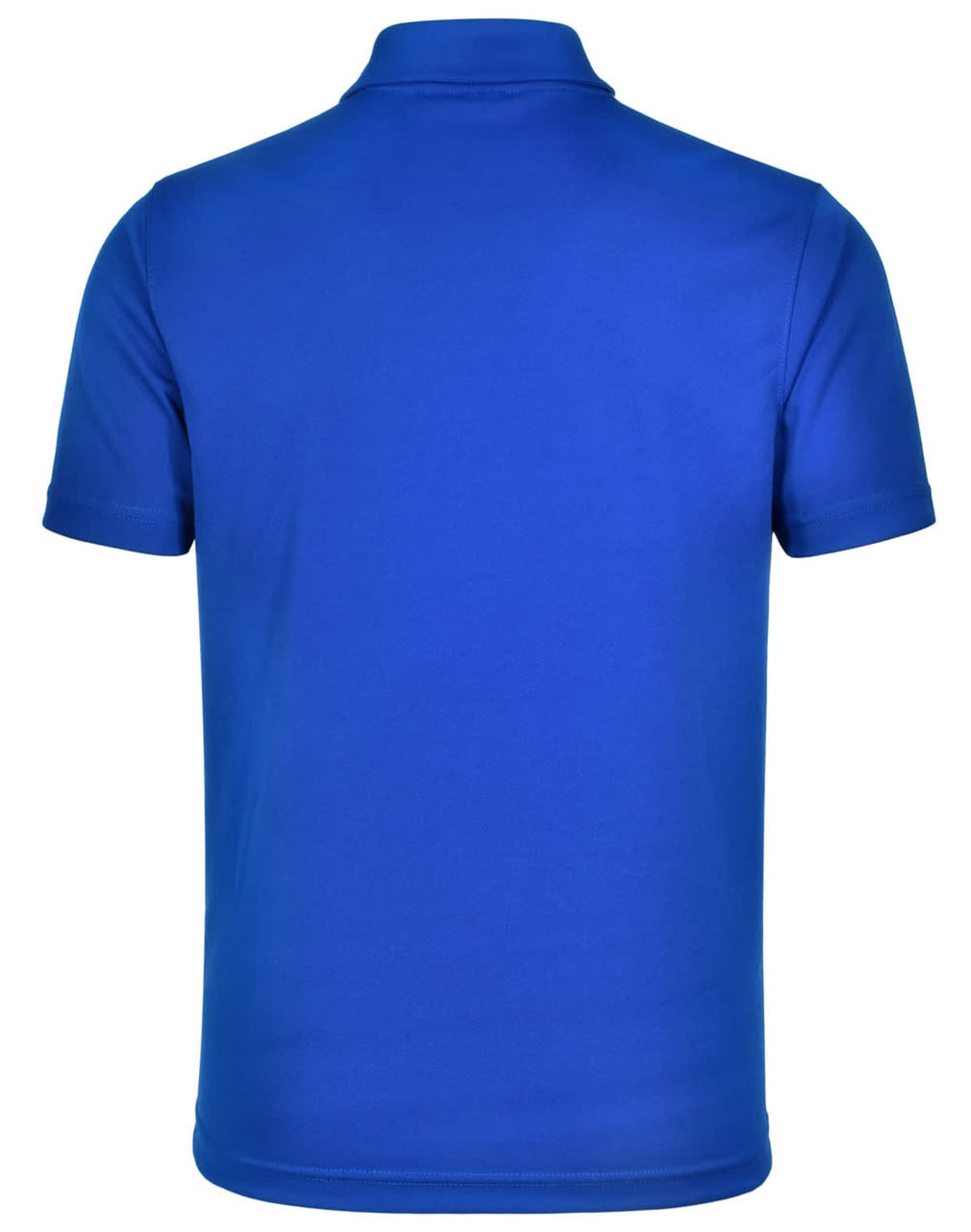 A blue men's short sleeve polo shirt with a smooth finish and a collar, featuring a branding logo.