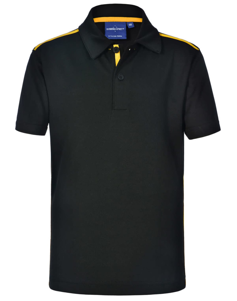 A black short sleeve polo shirt with yellow contrast detailing and a logo on the collar.
